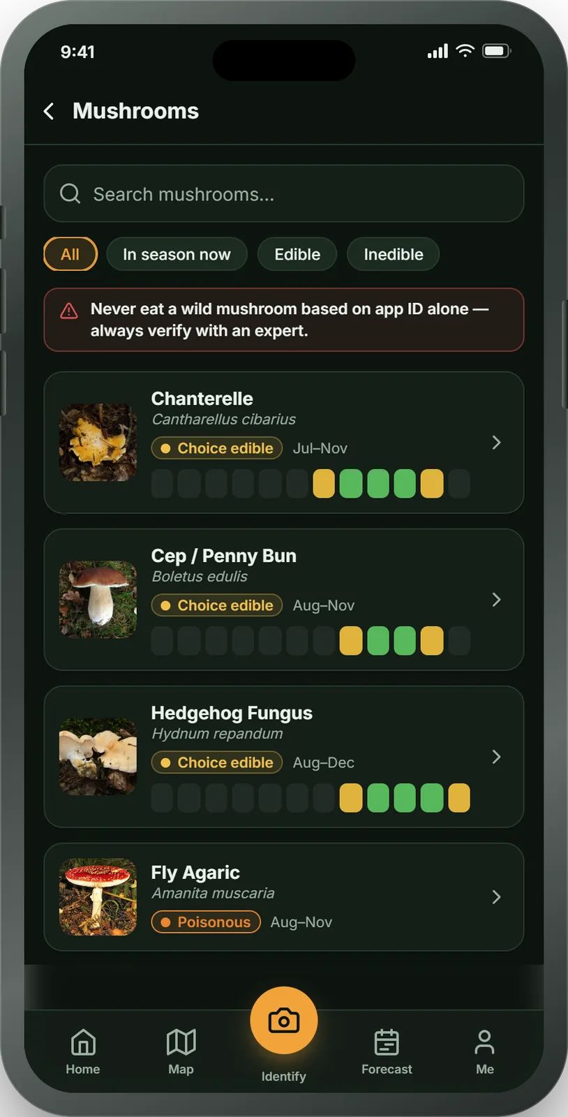 ForagePal app Learn screen, showing the mushroom and tree species library