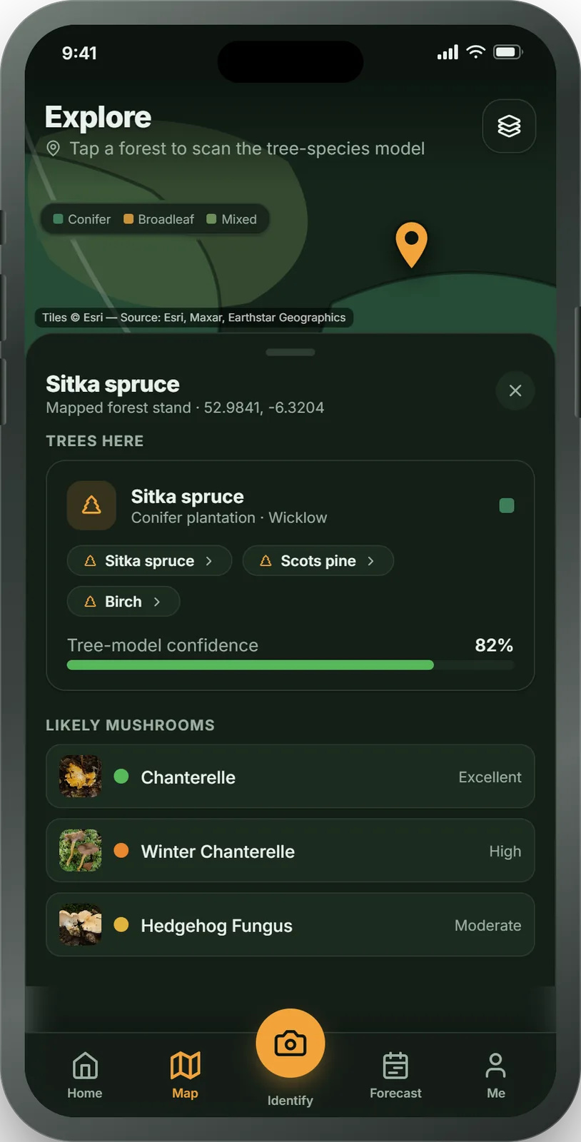 ForagePal app Map screen, showing habitat likelihood zones over a woodland area (illustrative mock-up, not a real capture)